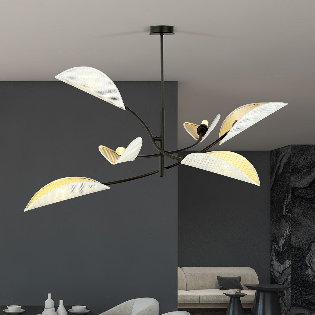 LOTUS 6 WHITE GOLD – Sierlijke plafondlamp met betoverende bladvormige kappen