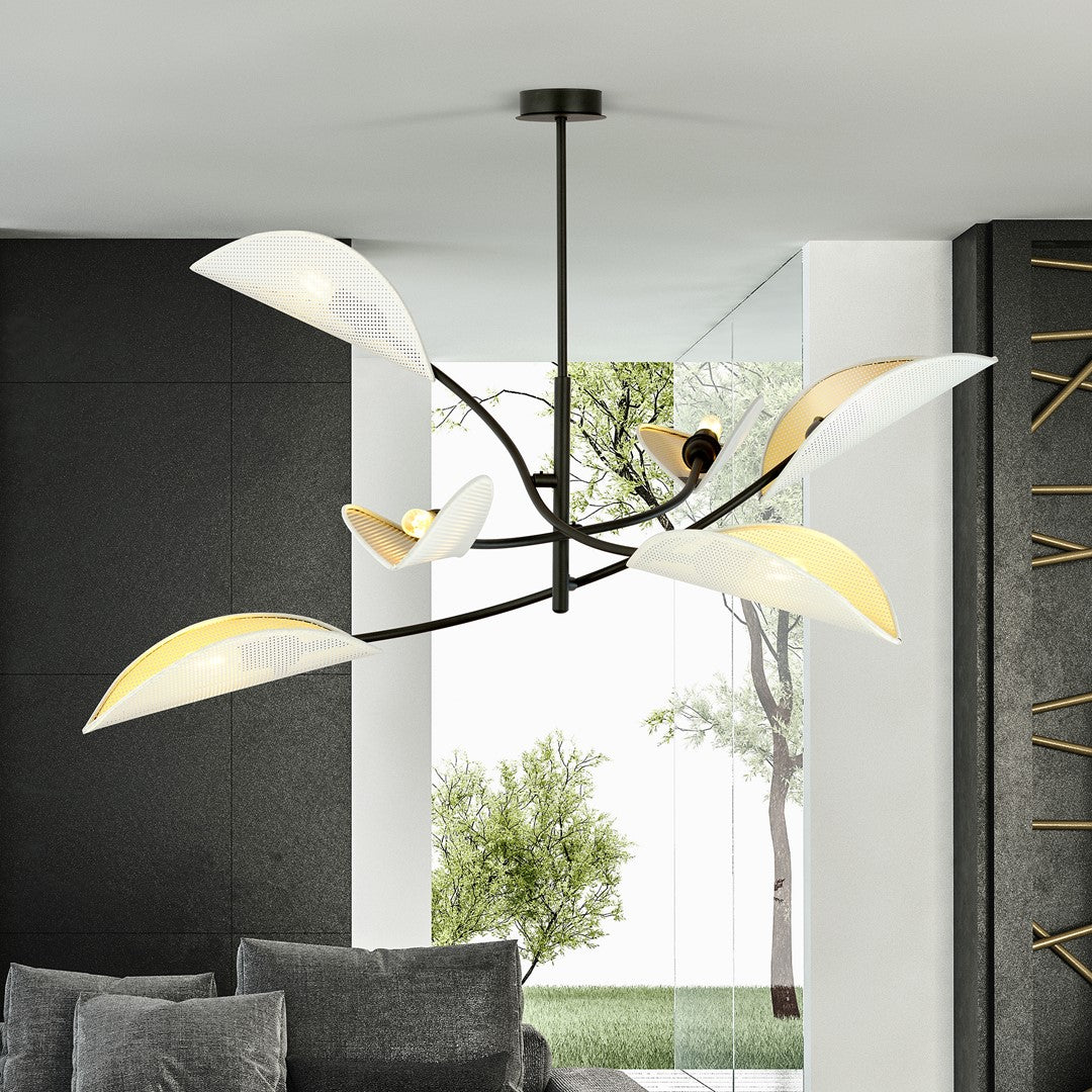 LOTUS 6 WHITE GOLD – Sierlijke plafondlamp met betoverende bladvormige kappen