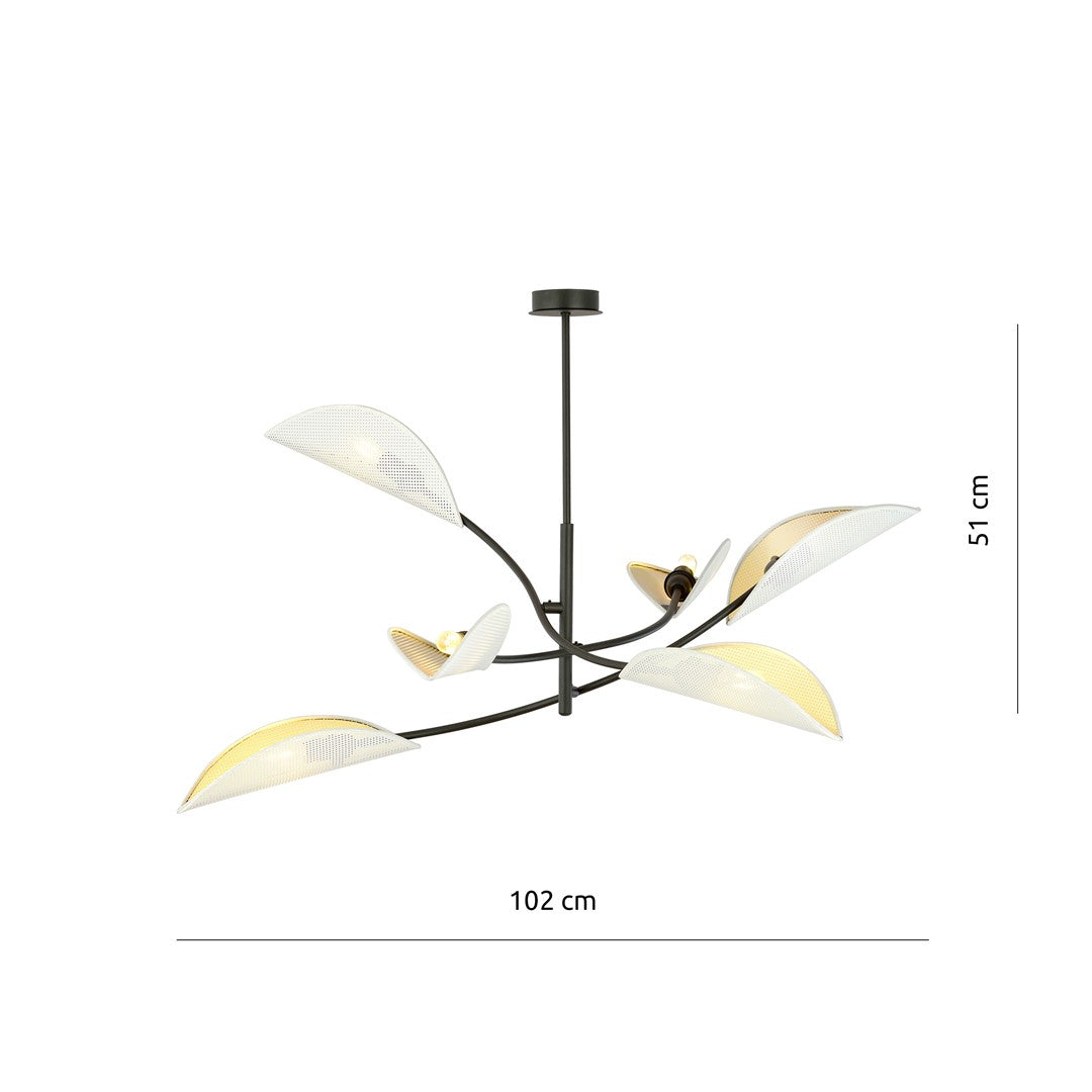 LOTUS 6 WHITE GOLD – Sierlijke plafondlamp met betoverende bladvormige kappen