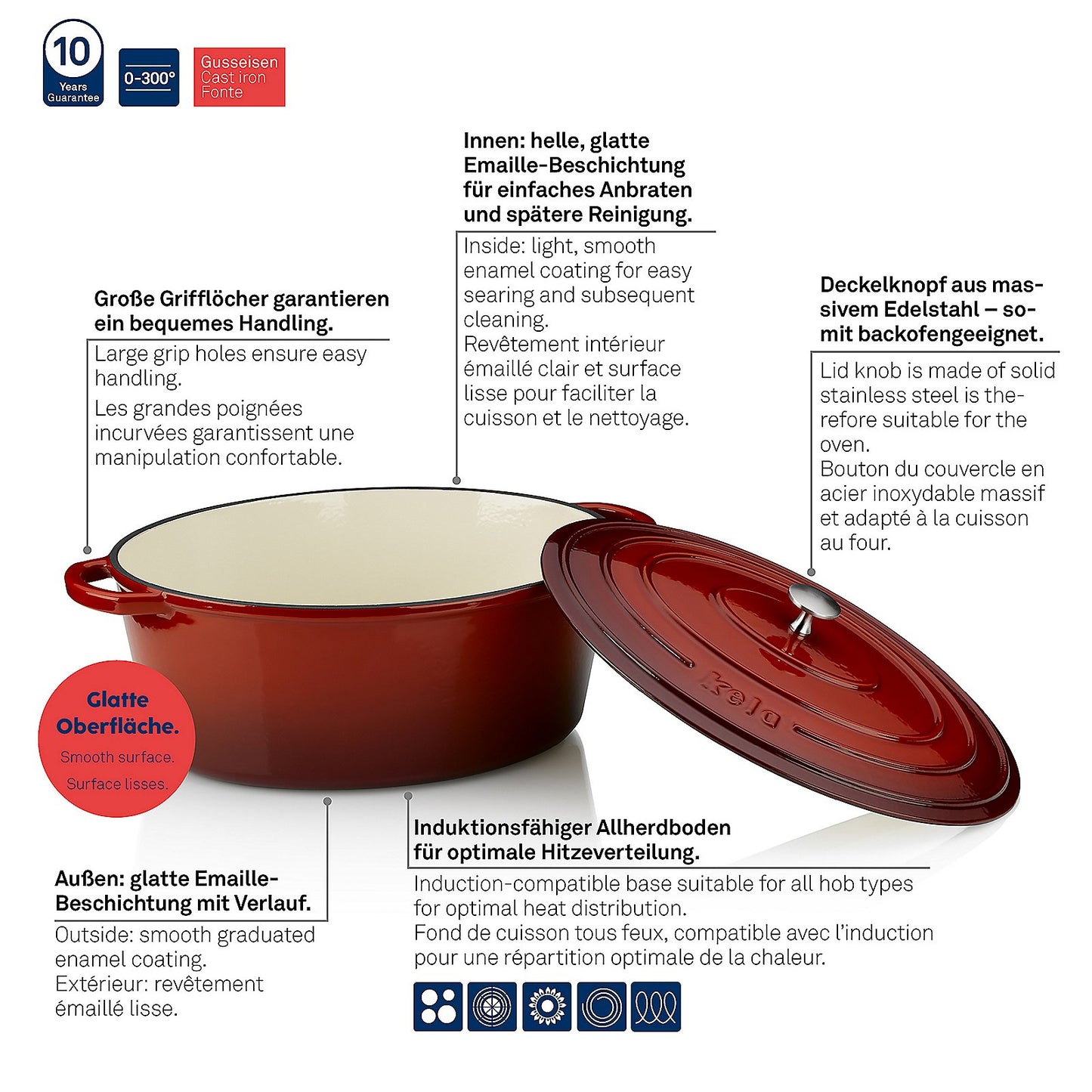 KELA Calido Ovale Braadpan 33 × 26 cm (6,0 L) – Luxe gietijzer in opvallend rood met beige geëmailleerde binnenzijde