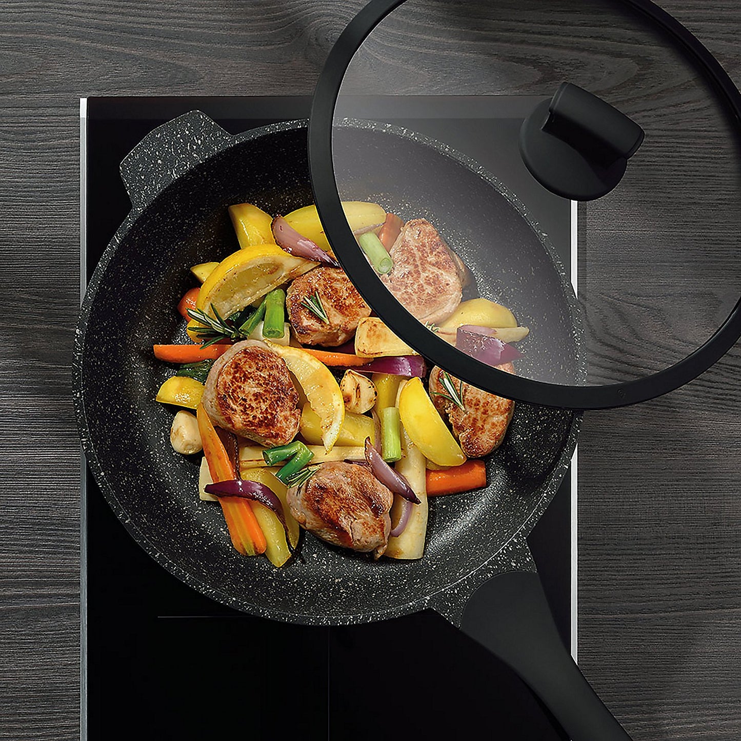 STELLA NOVA Sauteerpan Ø28 cm – Ruime stoofpan van gegoten aluminium met glazen deksel