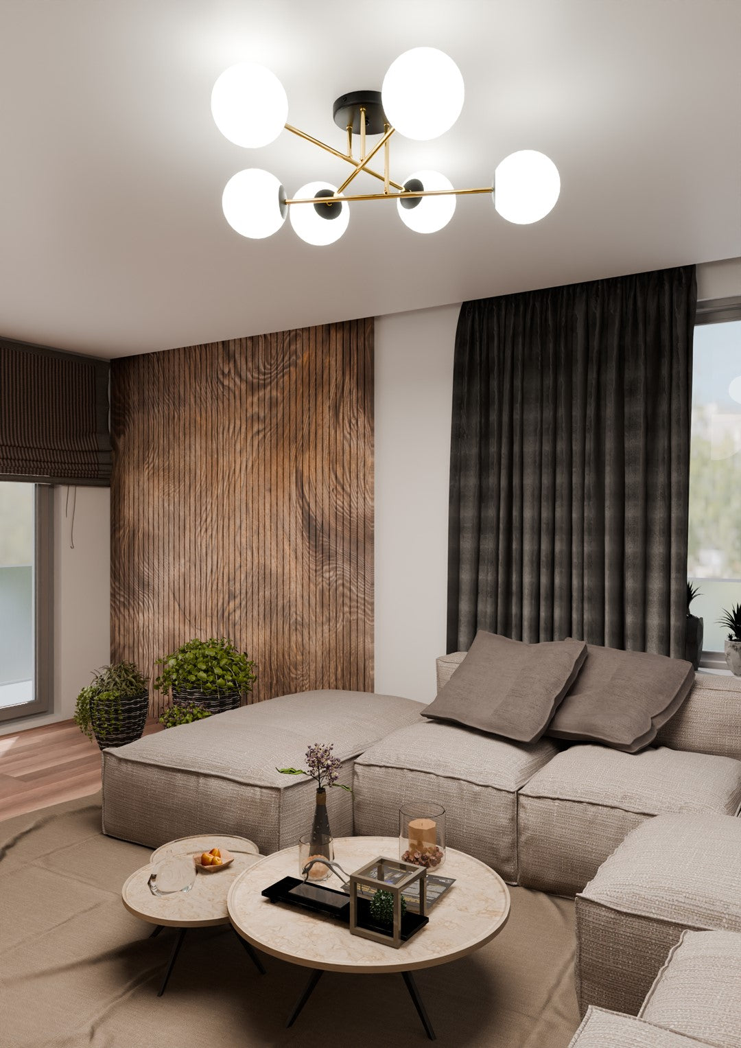 MAGNUM 6 – Indrukwekkende plafondlamp met zes glazen kappen en gouden details