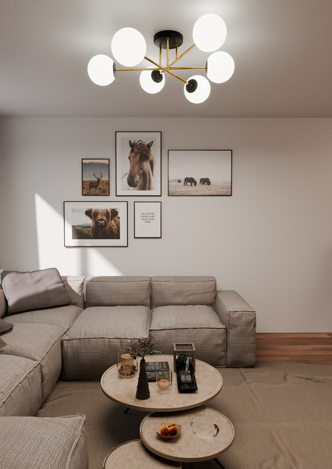 MAGNUM 6 – Indrukwekkende plafondlamp met zes glazen kappen en gouden details