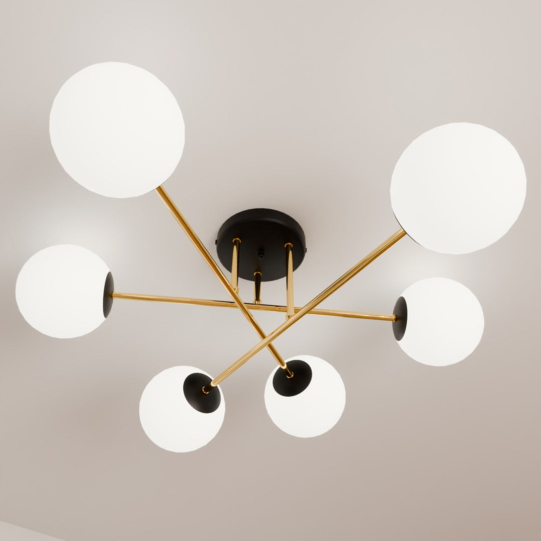 MAGNUM 6 – Indrukwekkende plafondlamp met zes glazen kappen en gouden details