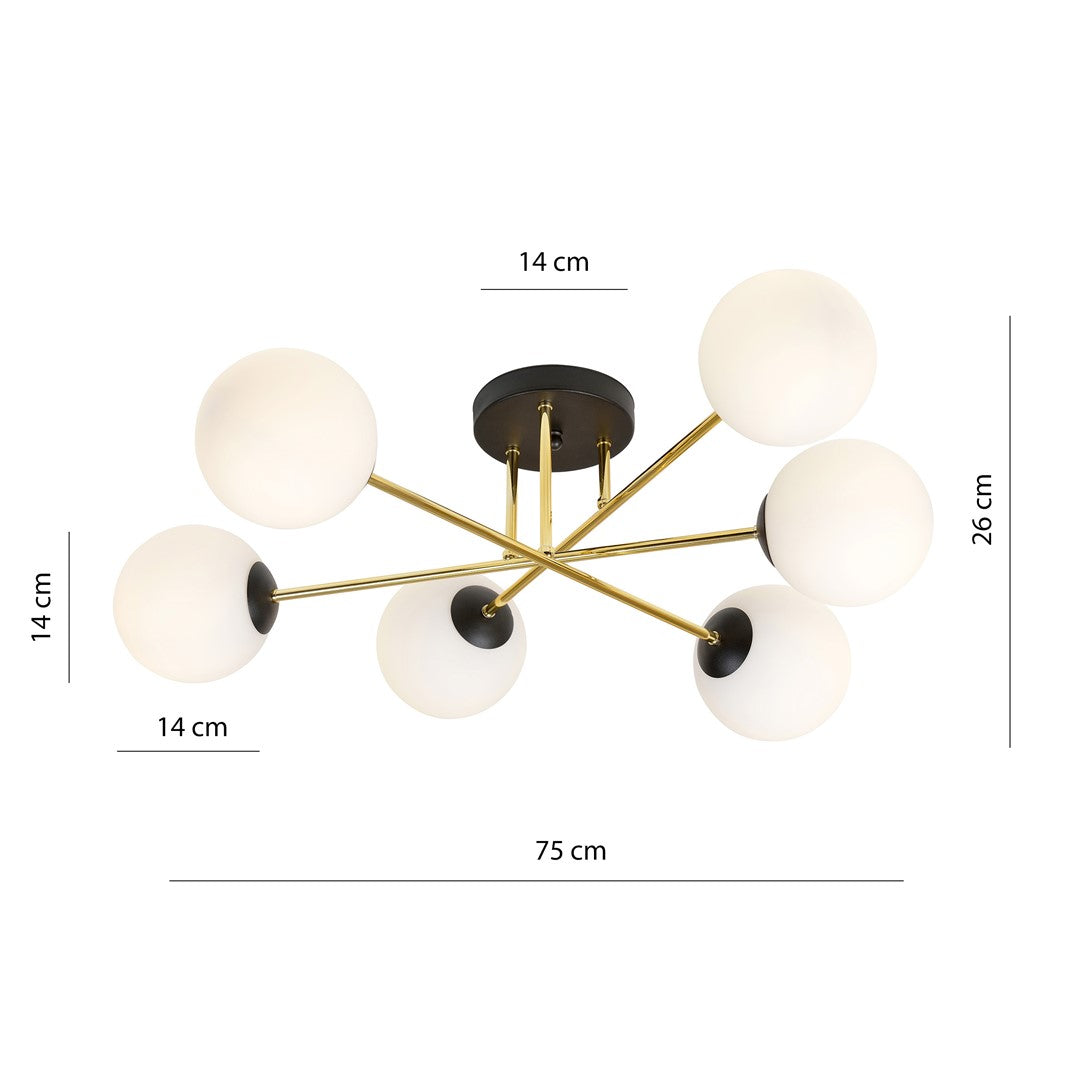 MAGNUM 6 – Indrukwekkende plafondlamp met zes glazen kappen en gouden details