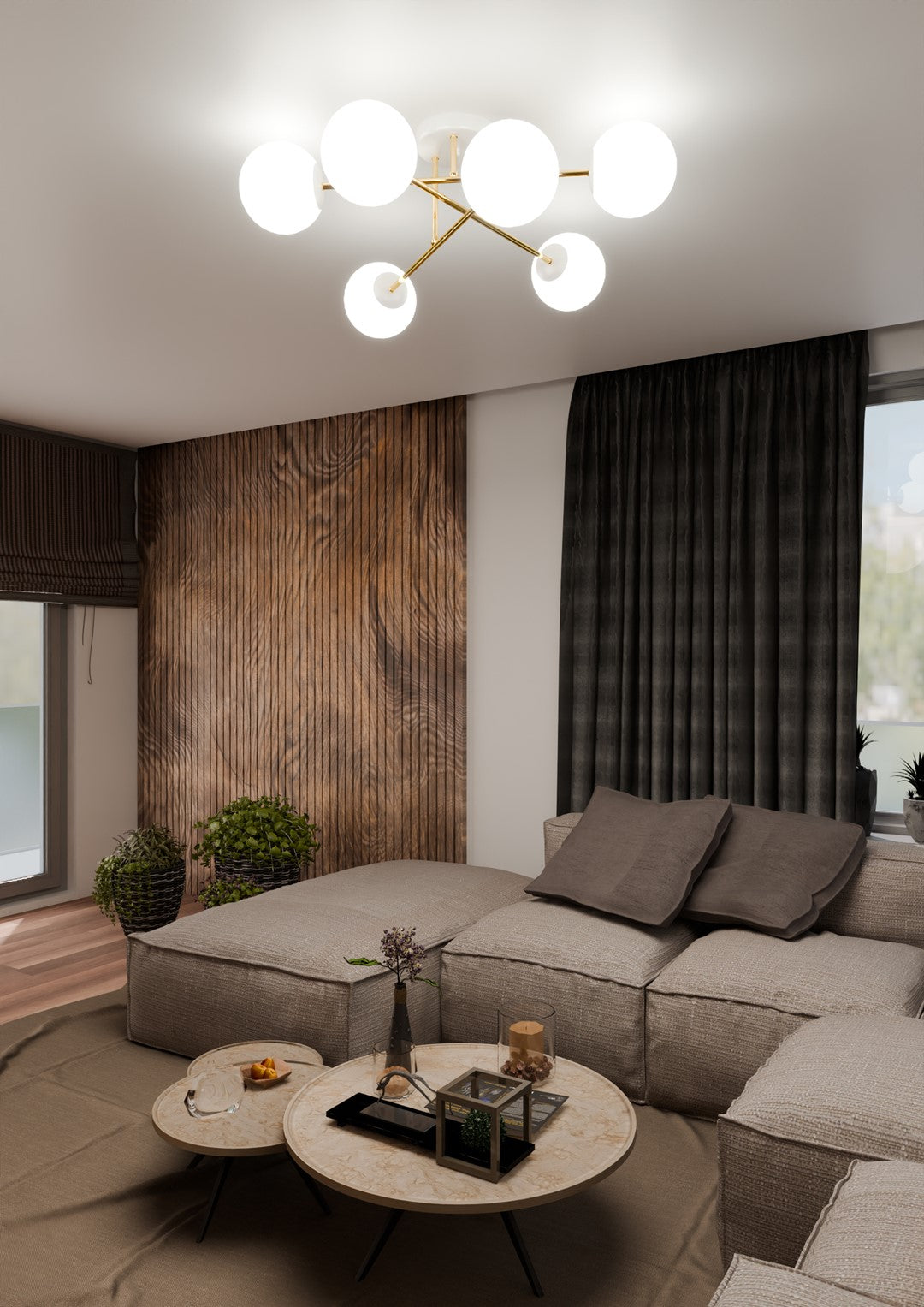 MAGNUM 6 – Luxueuze plafondlamp met glazen kappen en goudkleurig frame voor moderne elegantie