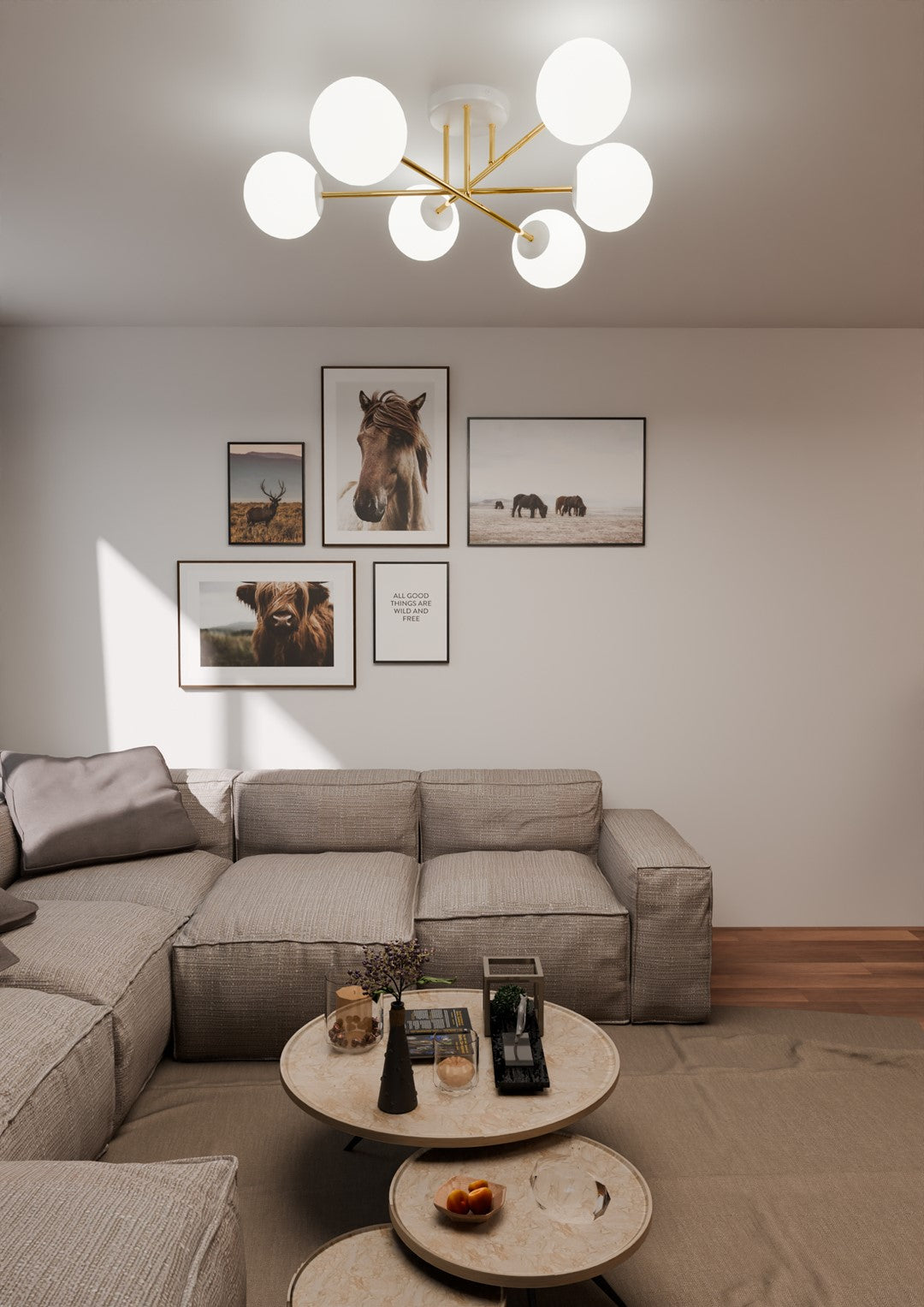 MAGNUM 6 – Luxueuze plafondlamp met glazen kappen en goudkleurig frame voor moderne elegantie