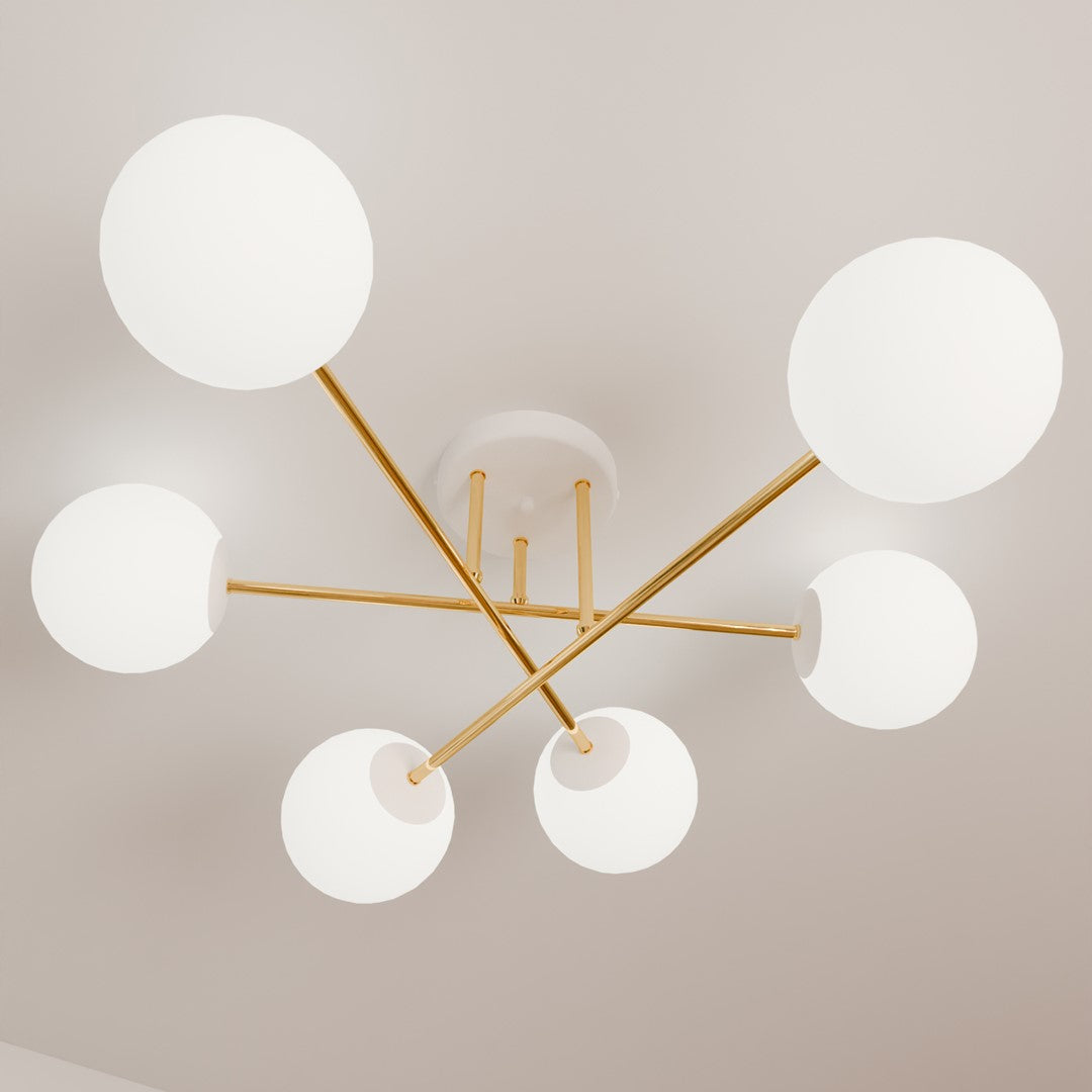 MAGNUM 6 – Luxueuze plafondlamp met glazen kappen en goudkleurig frame voor moderne elegantie