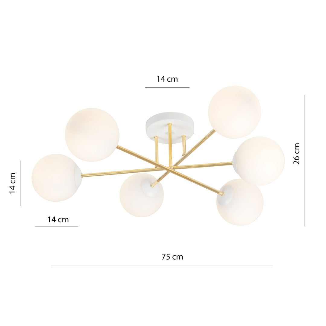 MAGNUM 6 – Luxueuze plafondlamp met glazen kappen en goudkleurig frame voor moderne elegantie