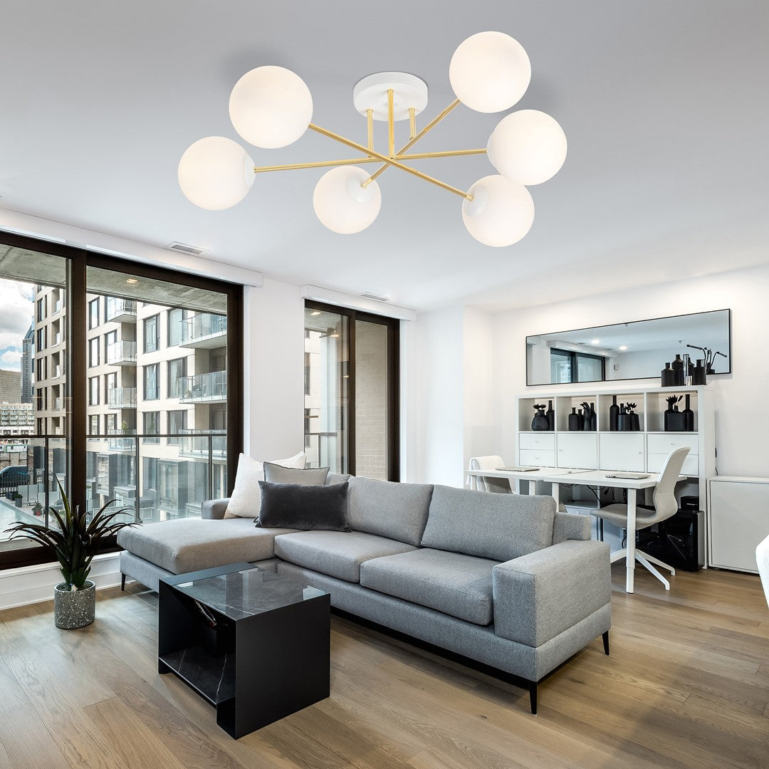 MAGNUM 6 – Luxueuze plafondlamp met glazen kappen en goudkleurig frame voor moderne elegantie