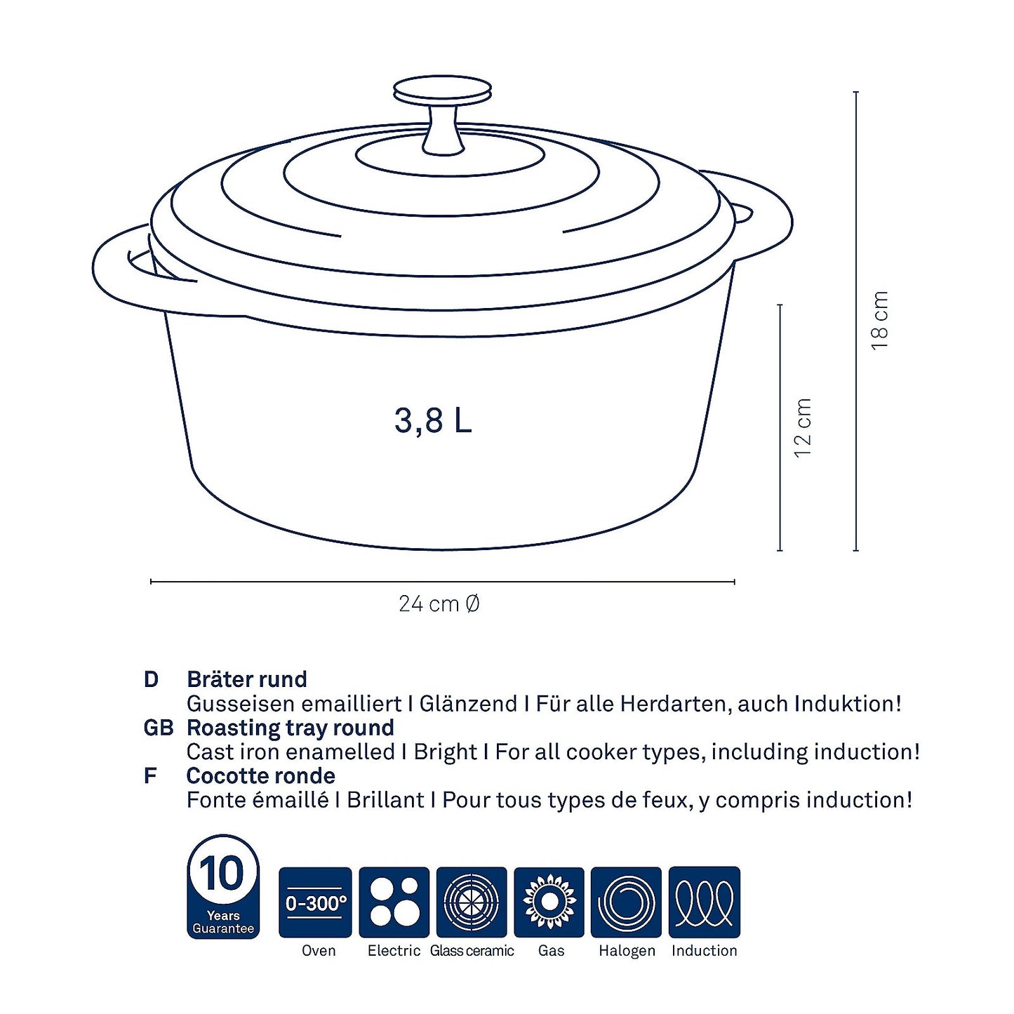 KELA Calido Ronde Braadpan 24 cm (3,8 L) – Zwart gietijzeren kookkracht met stijlvolle matte afwerking