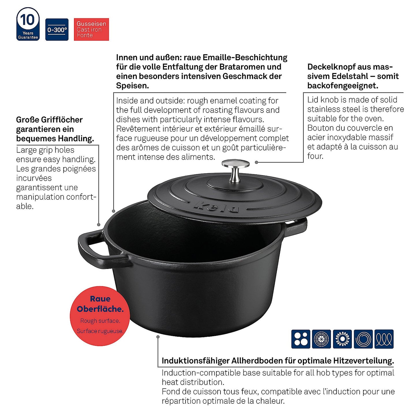 KELA Calido Ronde Braadpan 24 cm (3,8 L) – Zwart gietijzeren kookkracht met stijlvolle matte afwerking