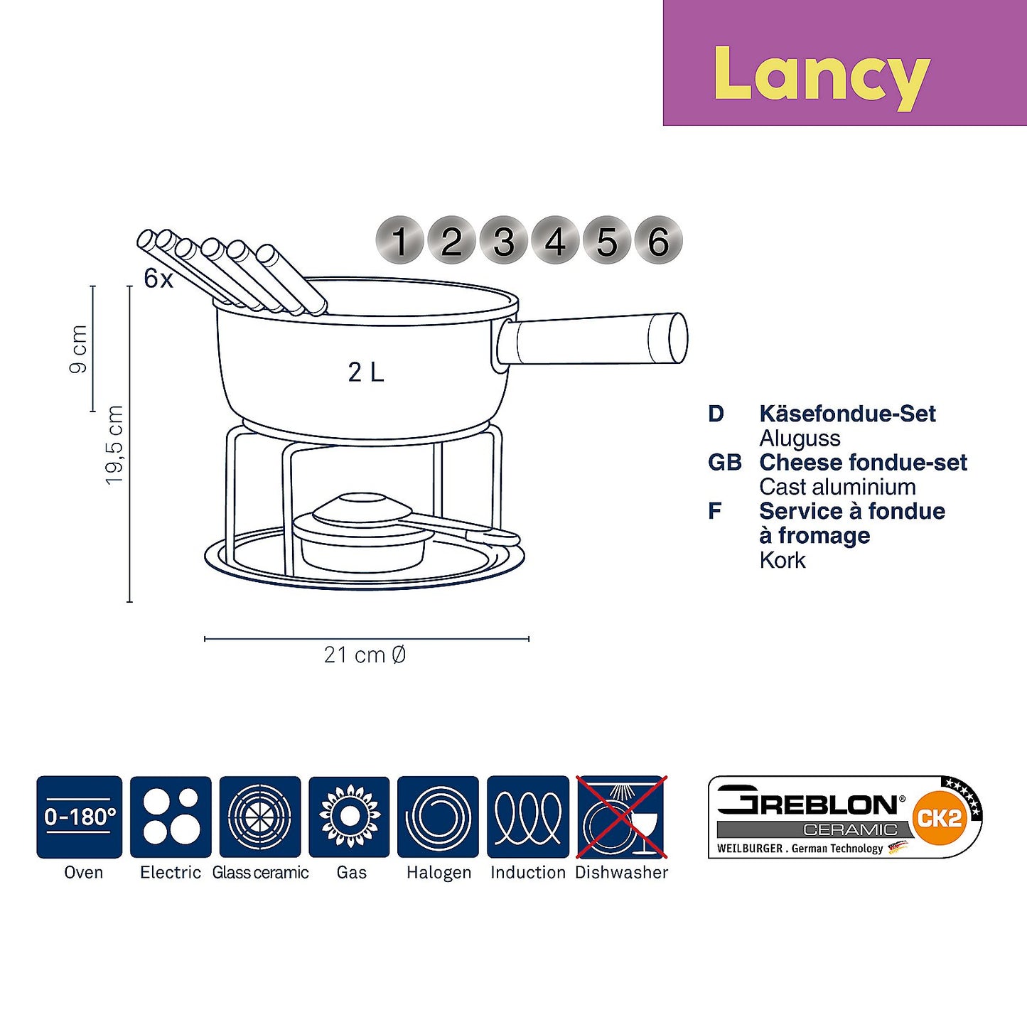 KELA Lancy Kaasfondueset – Premium fonduebeleving met krasvaste GREBLON-coating en stijlvol design