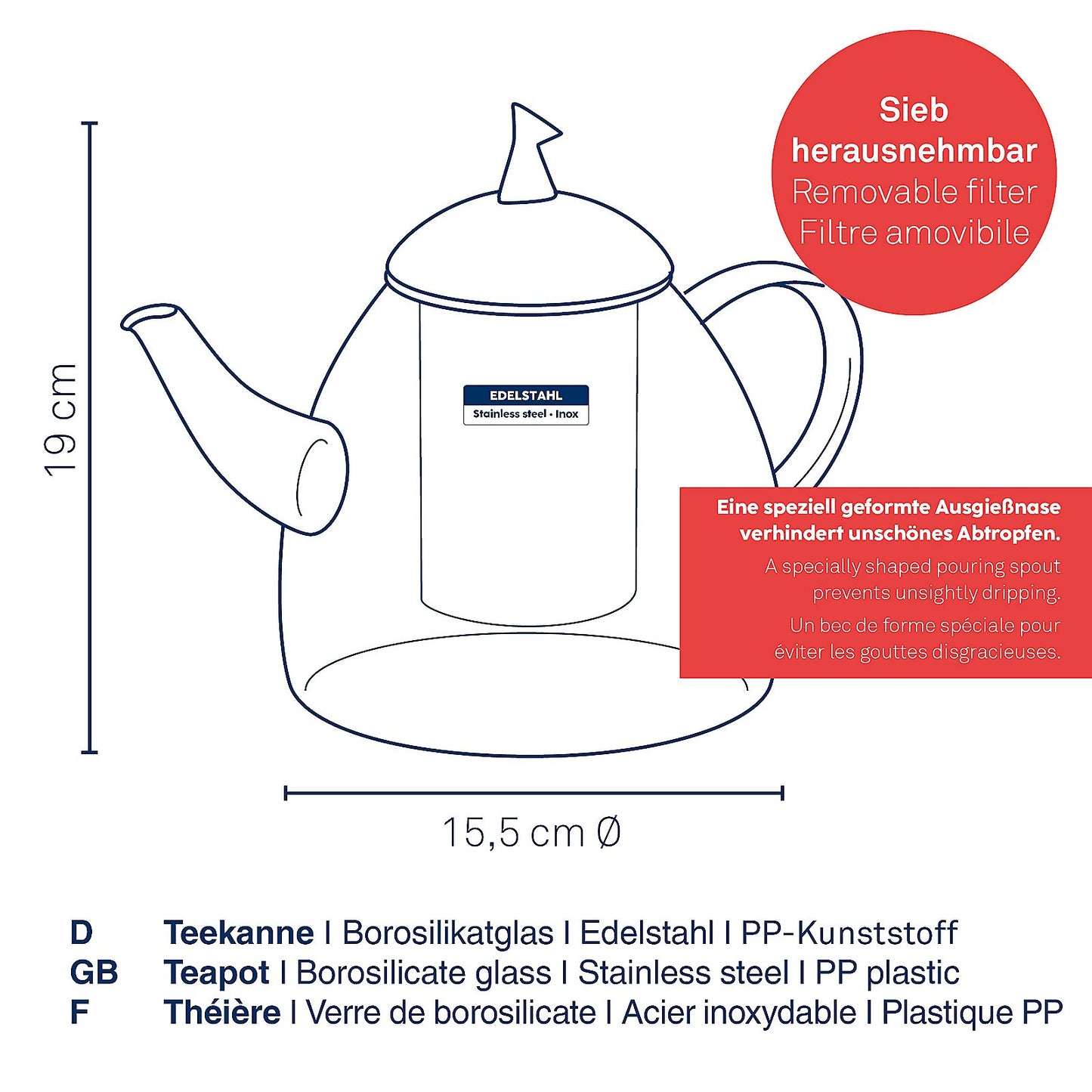 AURORA Theepot – RVS – 1,8 L – Met Uitneembare Zeef