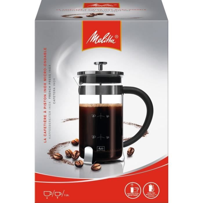 MELITTA Premium French Press – Handmatig Koffiegenot in Glas en Roestvrij Staal (8 Kopjes)