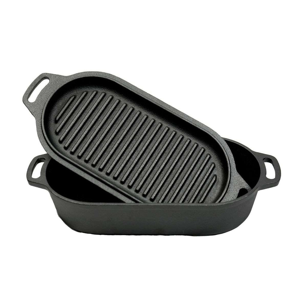 Valhal Outdoor Dutch Oven – Gietijzeren Braadpan met Grilldeksel (Ovaal, 2 Liter)