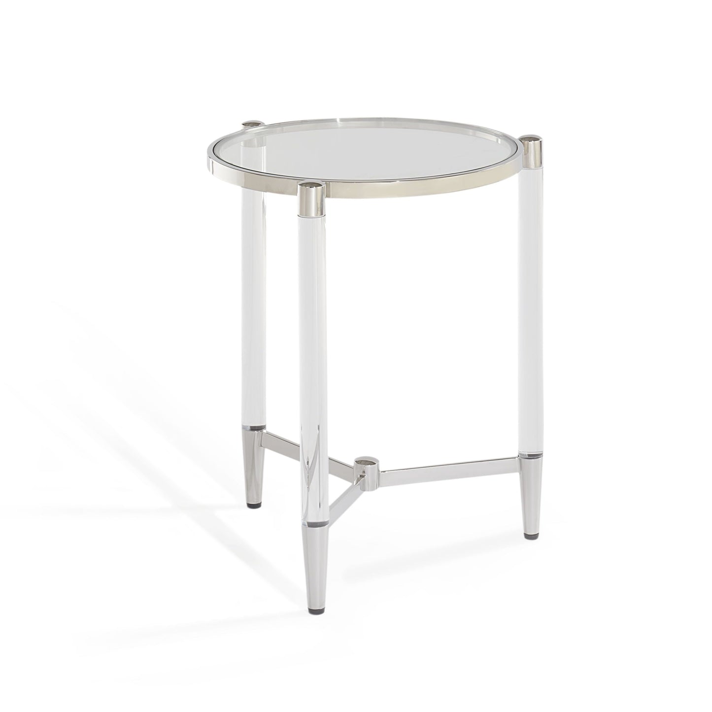 MARILYN GLASS ACRYLIC AND POLISHED STAINLESS STEEL END TABLE Franse Art Deco Glamour – Luxe Bijzettafel met Glazen Blad en Acryl Accenten
