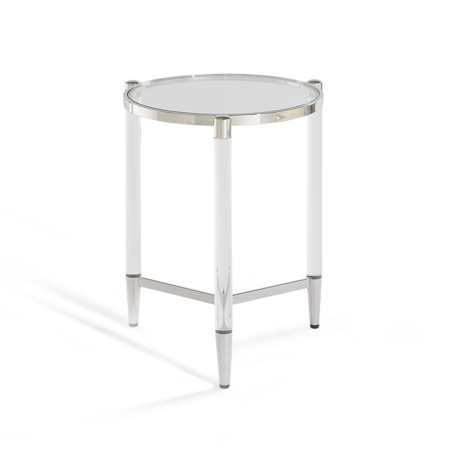 MARILYN GLASS ACRYLIC AND POLISHED STAINLESS STEEL END TABLE Franse Art Deco Glamour – Luxe Bijzettafel met Glazen Blad en Acryl Accenten
