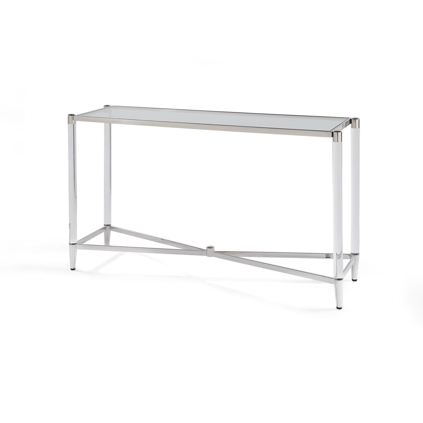 MARILYN GLASS ACRYLIC AND POLISHED STAINLESS STEEL CONSOLE TABLE Franse Art Deco Klasse – Slanke Console met Glans en Transparantie