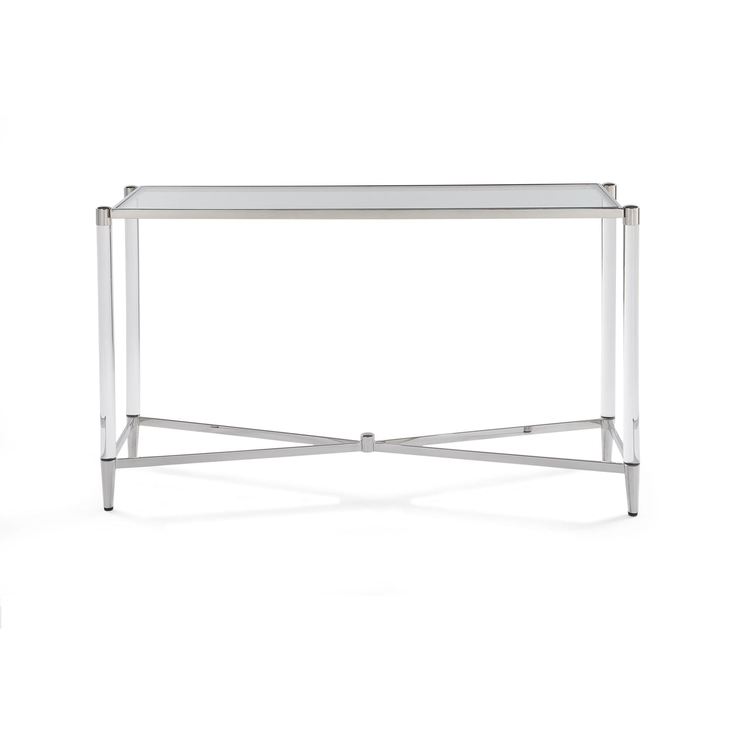 MARILYN GLASS ACRYLIC AND POLISHED STAINLESS STEEL CONSOLE TABLE Franse Art Deco Klasse – Slanke Console met Glans en Transparantie