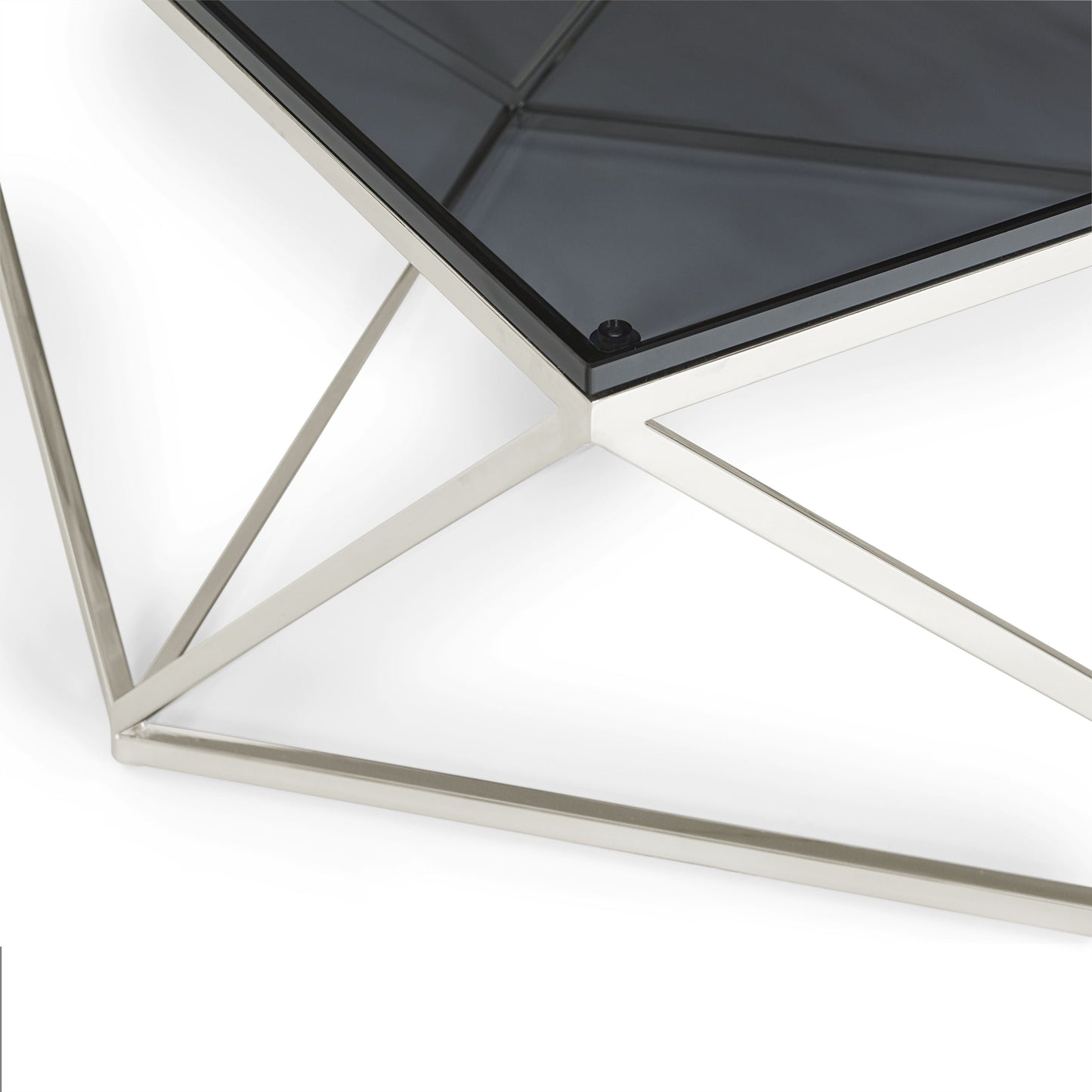 ARIA SMOKED GLASS AND POLISHED STAINLESS STEEL COFFEE TABLE Geometrische Glamour – Luxe Salontafel met Roestvrij Staal en Gerookt Glas