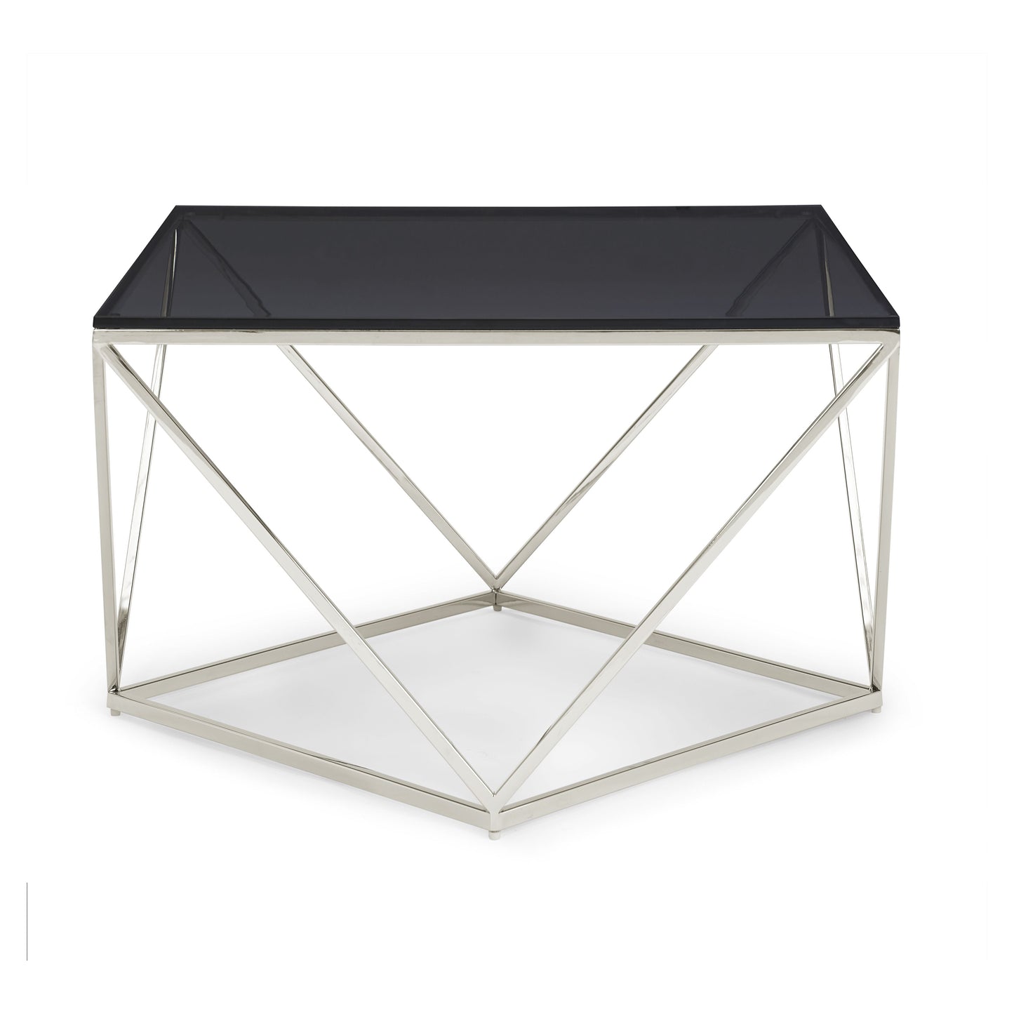 ARIA SMOKED GLASS AND POLISHED STAINLESS STEEL COFFEE TABLE Geometrische Glamour – Luxe Salontafel met Roestvrij Staal en Gerookt Glas