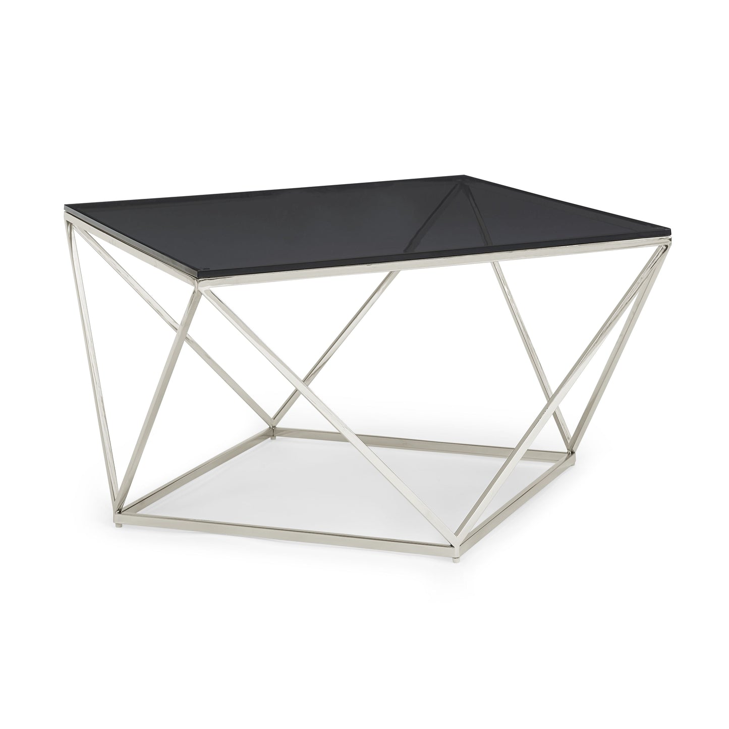 ARIA SMOKED GLASS AND POLISHED STAINLESS STEEL COFFEE TABLE Geometrische Glamour – Luxe Salontafel met Roestvrij Staal en Gerookt Glas