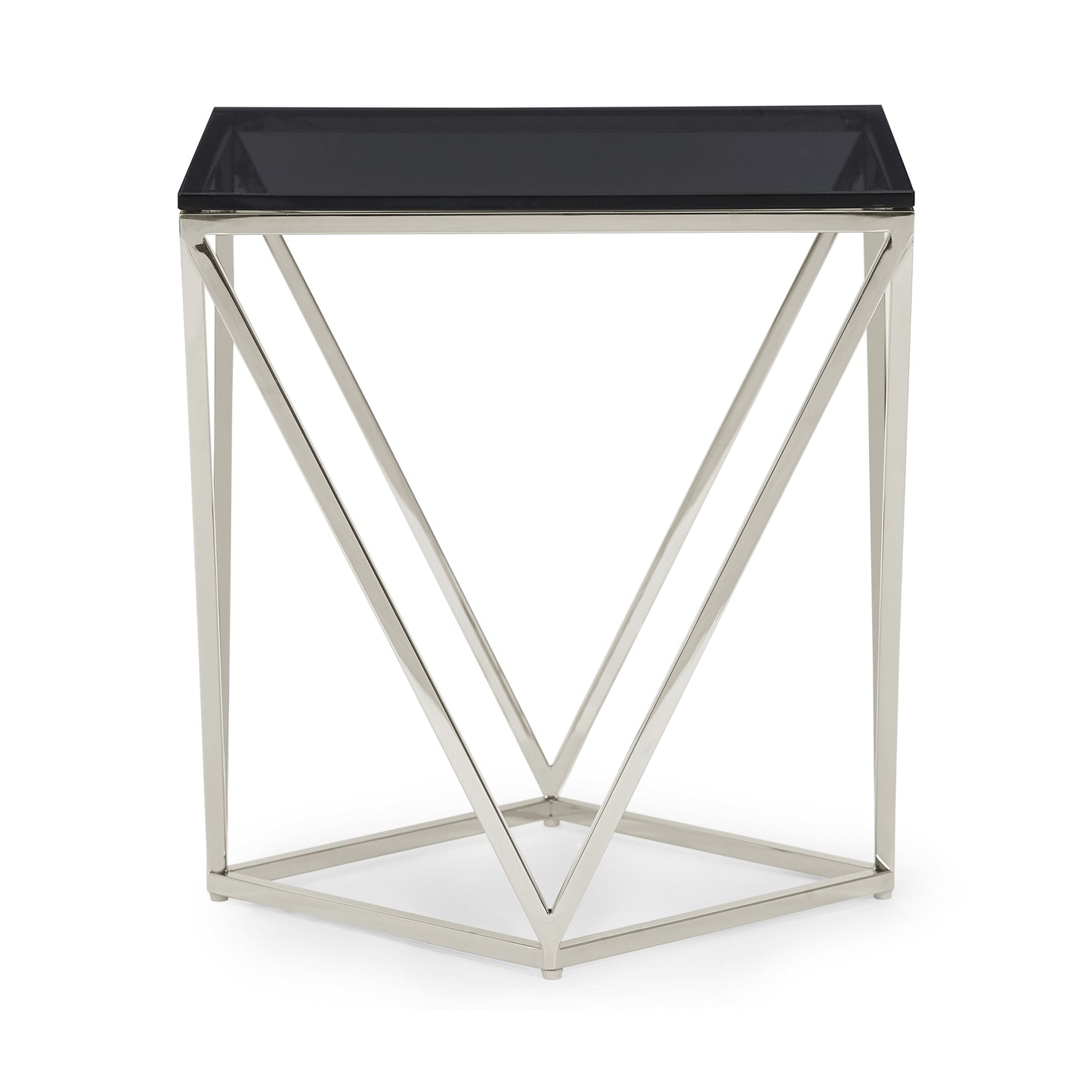 ARIA SMOKED GLASS AND POLISHED STAINLESS STEEL END TABLE Geometrische Glamour – Bijzettafel met Gerookt Glas en Glanzend Roestvrij Staal