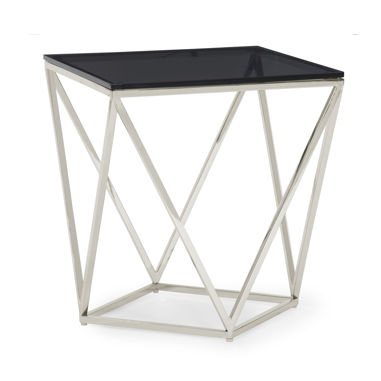 ARIA SMOKED GLASS AND POLISHED STAINLESS STEEL END TABLE Geometrische Glamour – Bijzettafel met Gerookt Glas en Glanzend Roestvrij Staal