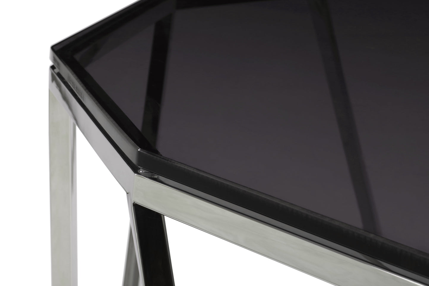 ARIA SMOKED GLASS AND POLISHED STAINLESS STEEL END TABLE Geometrische Glamour – Bijzettafel met Gerookt Glas en Glanzend Roestvrij Staal