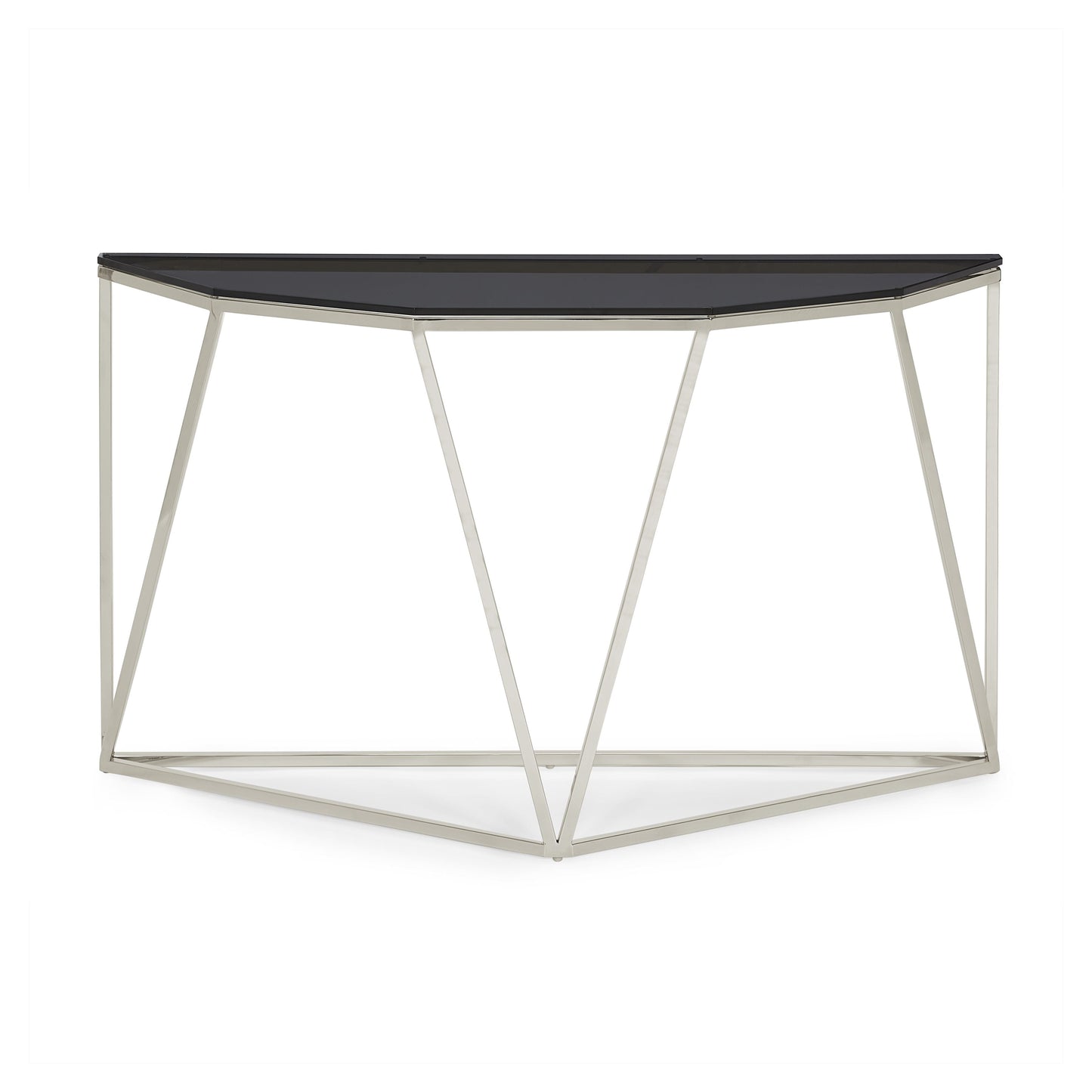 ARIA SMOKED GLASS AND POLISHED STAINLESS STEEL CONSOLE TABLE Geometrische Glamour – Slanke Console van Gerookt Glas en Glanzend Roestvrij Staal
