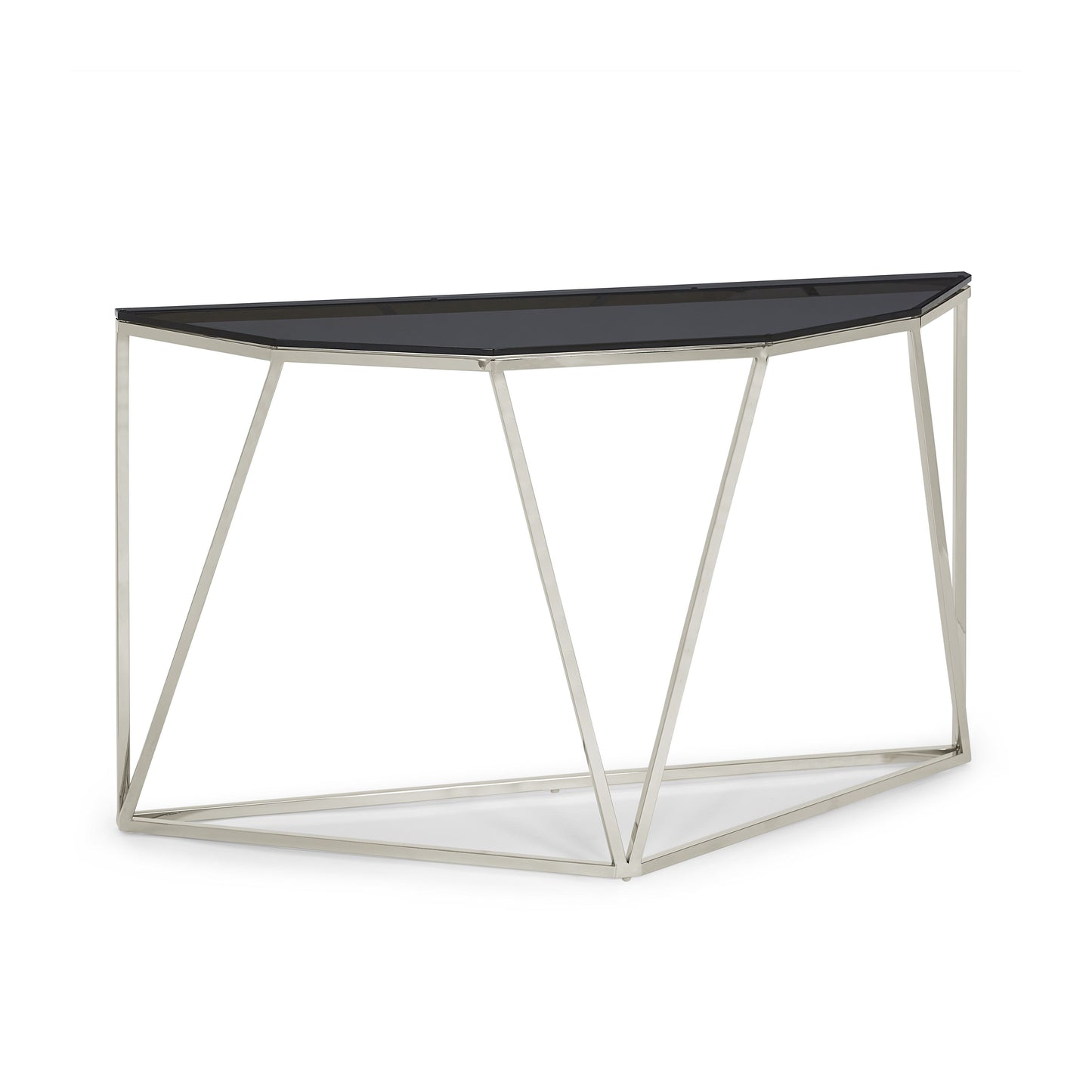 ARIA SMOKED GLASS AND POLISHED STAINLESS STEEL CONSOLE TABLE Geometrische Glamour – Slanke Console van Gerookt Glas en Glanzend Roestvrij Staal