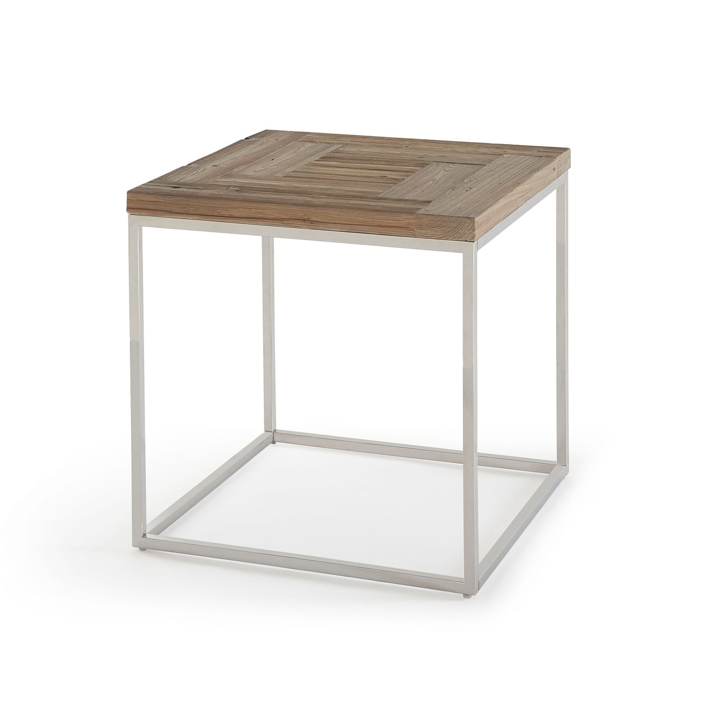 ACE RECLAIMED FIR AND POLISHED STAINLESS STEEL END TABLE Rustieke Warmte & Moderne Glans – Bijzettafel met Visgraatpatroon en RVS Basis