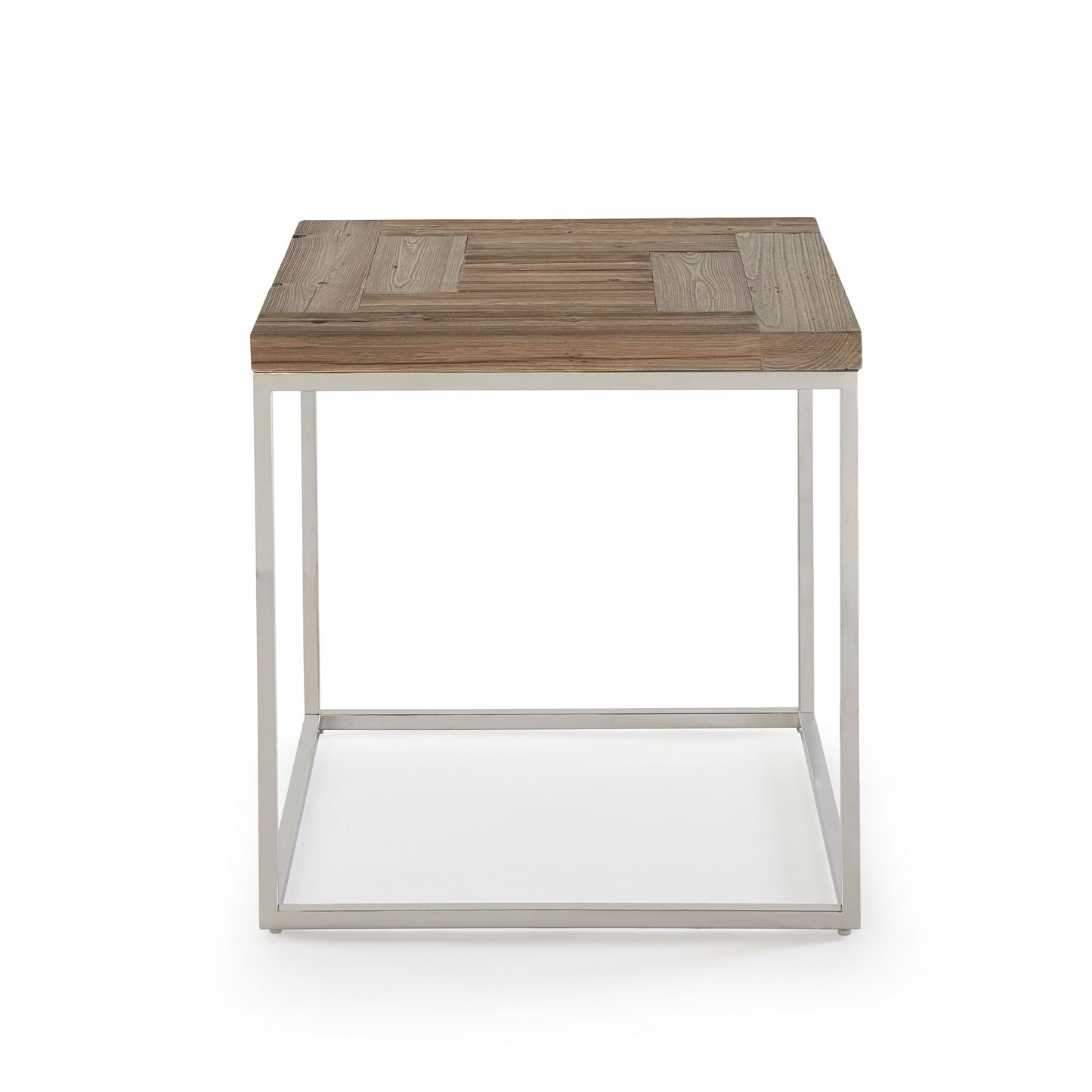 ACE RECLAIMED FIR AND POLISHED STAINLESS STEEL END TABLE Rustieke Warmte & Moderne Glans – Bijzettafel met Visgraatpatroon en RVS Basis