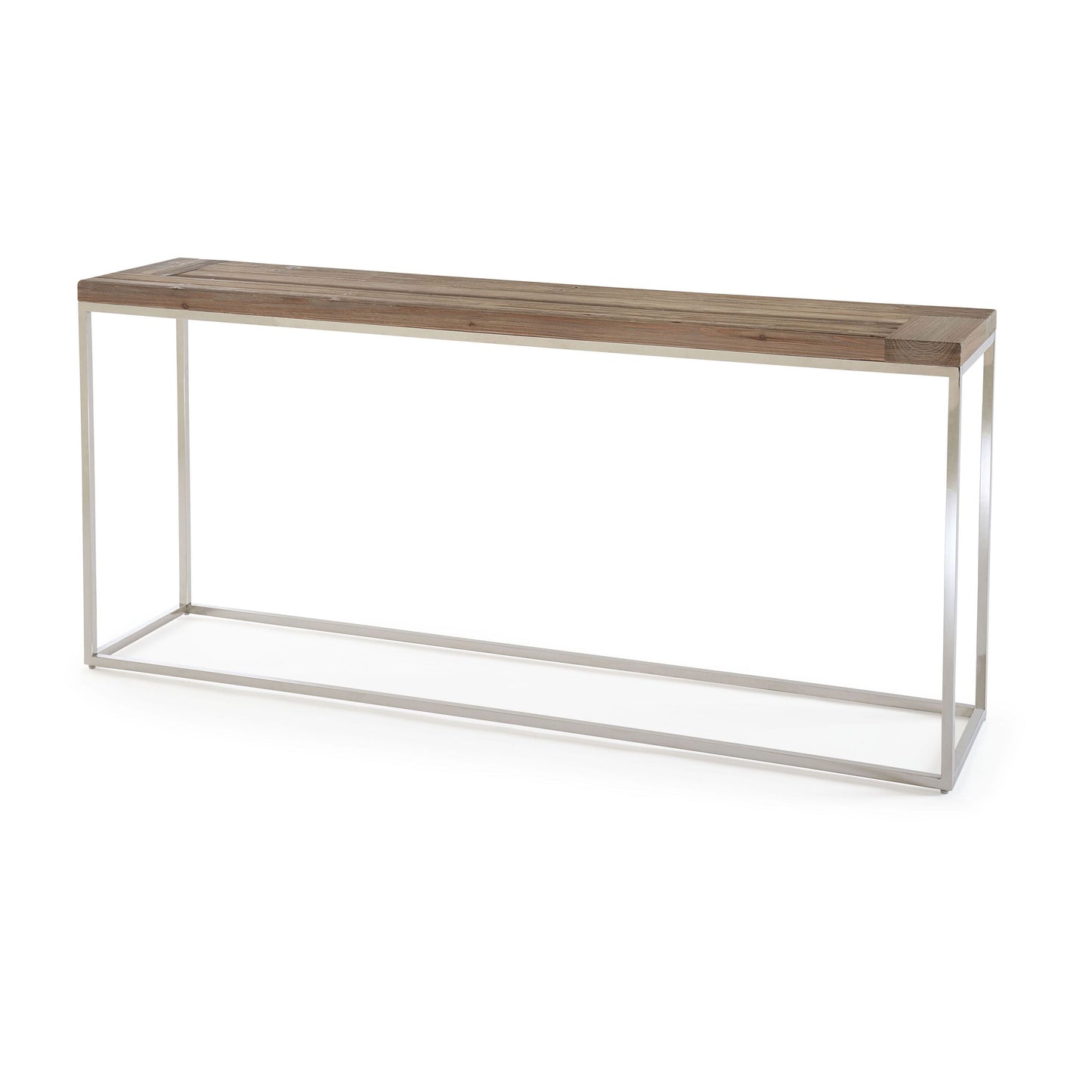ACE RECLAIMED FIR AND POLISHED STAINLESS STEEL CONSOLE TABLE Rustiek Ontmoet Modern – Consoletafel met Visgraatpatroon en RVS Basis