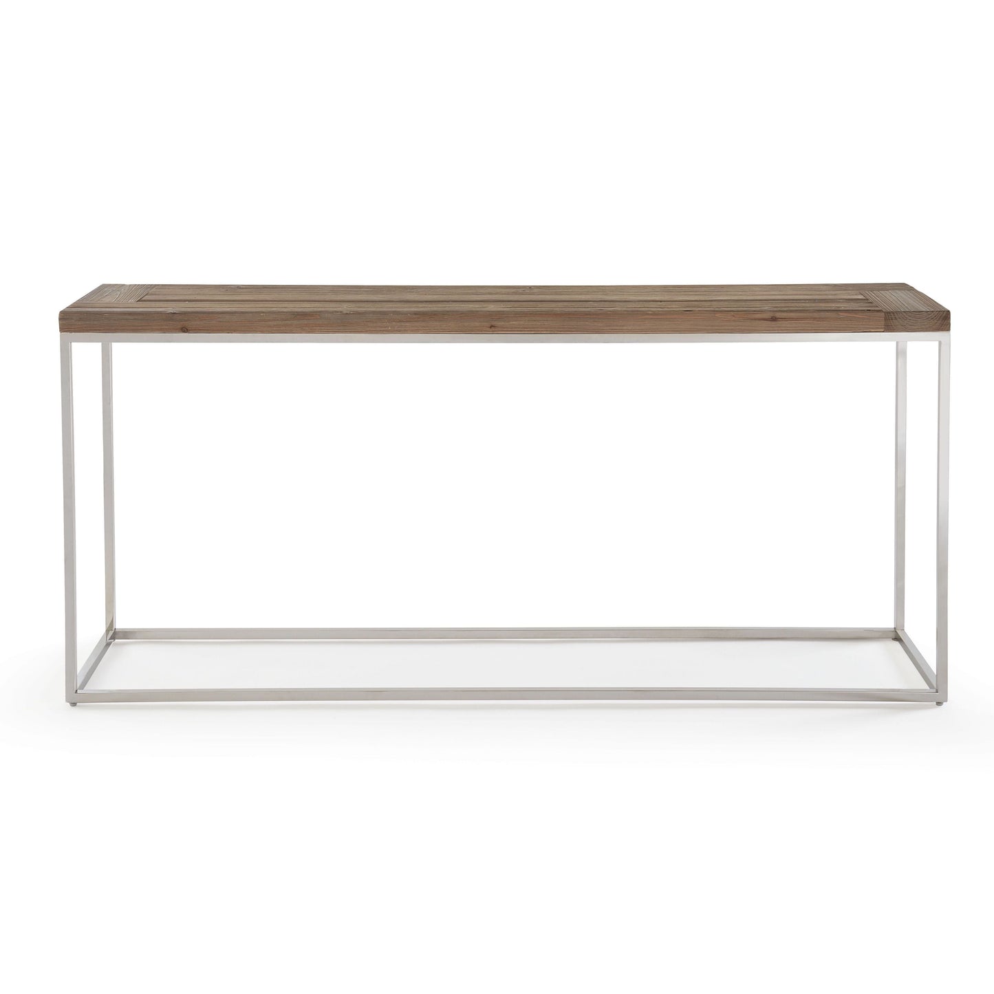ACE RECLAIMED FIR AND POLISHED STAINLESS STEEL CONSOLE TABLE Rustiek Ontmoet Modern – Consoletafel met Visgraatpatroon en RVS Basis