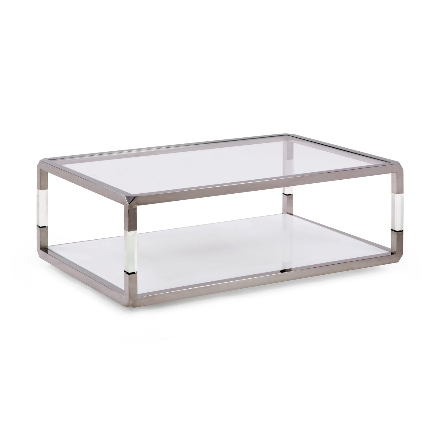 JASPER RECTANGLE COFFEE TABLE IN ACRYLIC, WHITE GLASS AND POLISHED STAINLESS STEEL Moderne Luxe in Zwevend Design – Salontafel met Glans en Transparantie