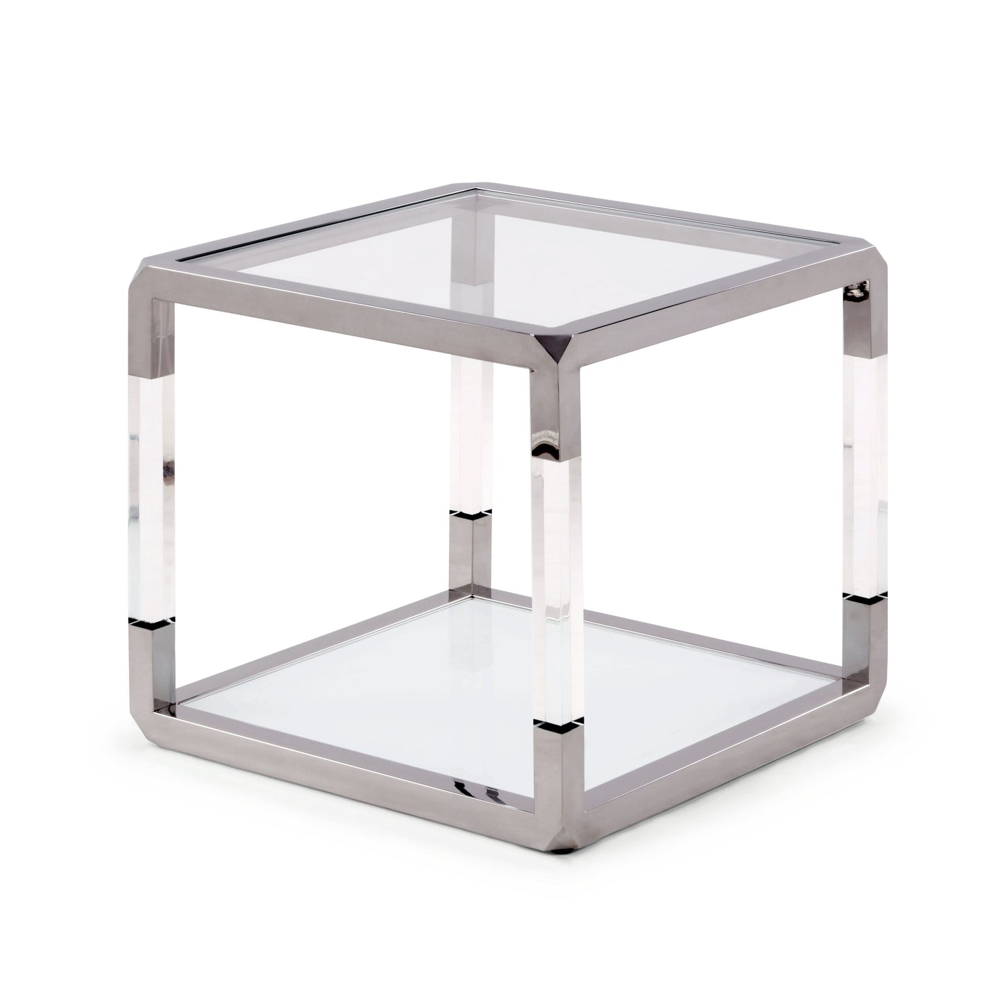 JASPER END TABLE IN ACRYLIC, WHITE GLASS AND POLISHED STAINLESS STEEL Modern Design met Kristalheldere Klasse – Bijzettafel met Glas, Acryl en RVS