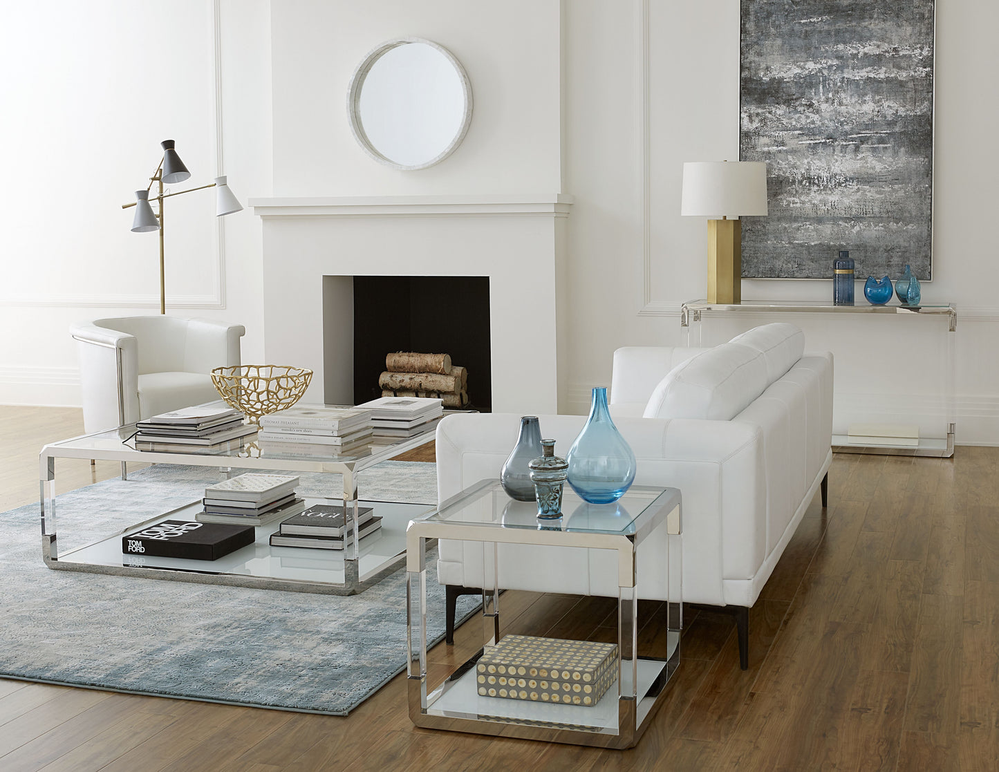 JASPER CONSOLE TABLE IN ACRYLIC, WHITE GLASS AND POLISHED STAINLESS STEEL Luxe Transparantie – Strakke Console met Witte Glasplaat en RVS Accenten