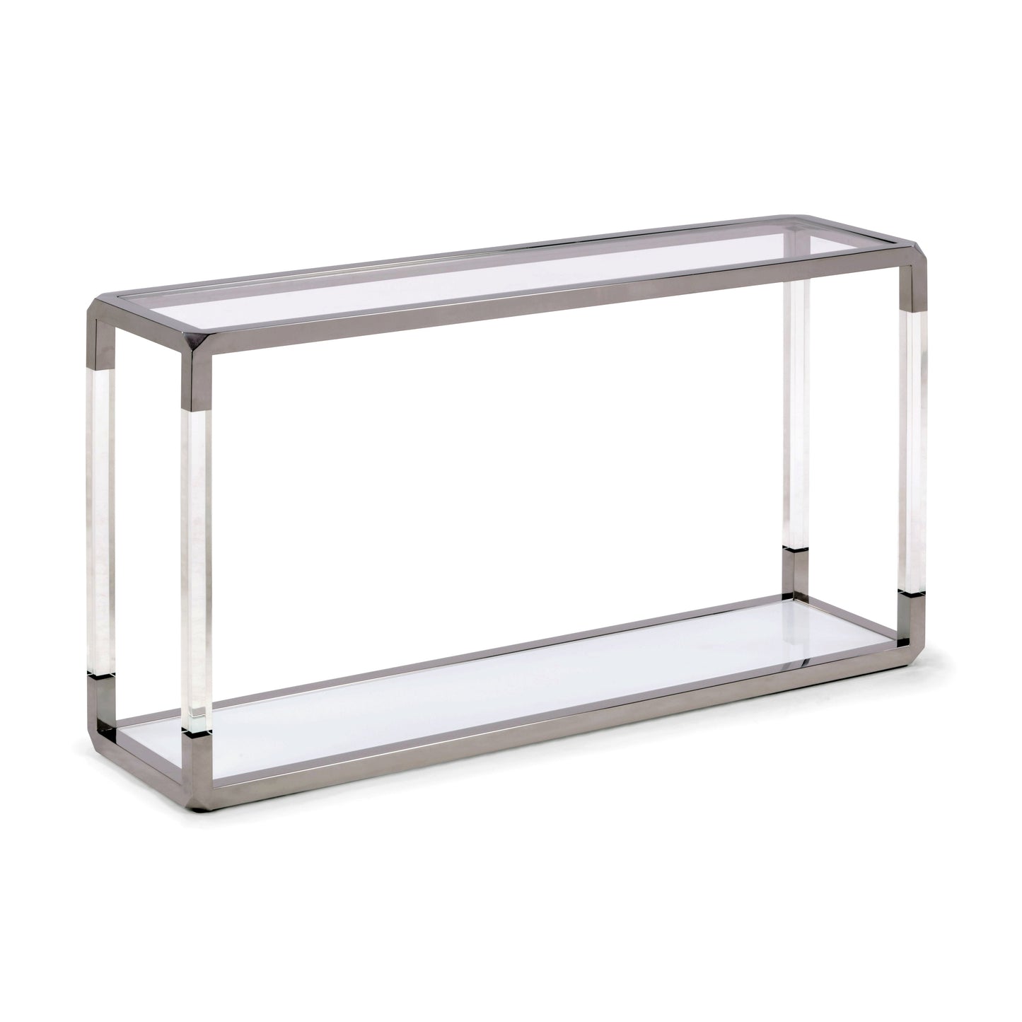 JASPER CONSOLE TABLE IN ACRYLIC, WHITE GLASS AND POLISHED STAINLESS STEEL Luxe Transparantie – Strakke Console met Witte Glasplaat en RVS Accenten