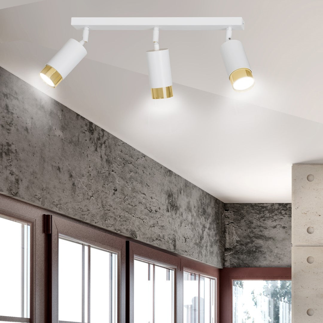 HIRO 3-WH-GOLD Spotlamp – Elegante 3-lichts plafondspot in wit met gouden accenten voor gerichte verlichting
