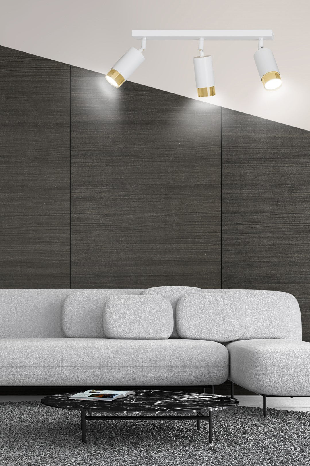 HIRO 3-WH-GOLD Spotlamp – Elegante 3-lichts plafondspot in wit met gouden accenten voor gerichte verlichting