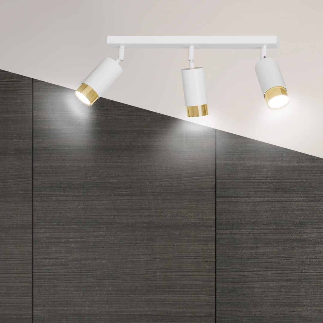 HIRO 3-WH-GOLD Spotlamp – Elegante 3-lichts plafondspot in wit met gouden accenten voor gerichte verlichting