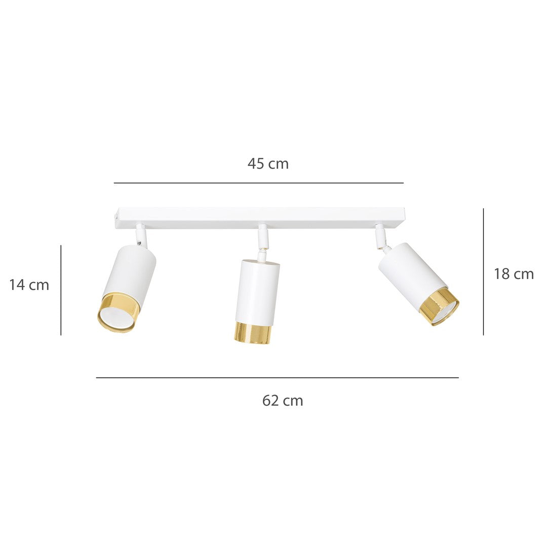 HIRO 3-WH-GOLD Spotlamp – Elegante 3-lichts plafondspot in wit met gouden accenten voor gerichte verlichting