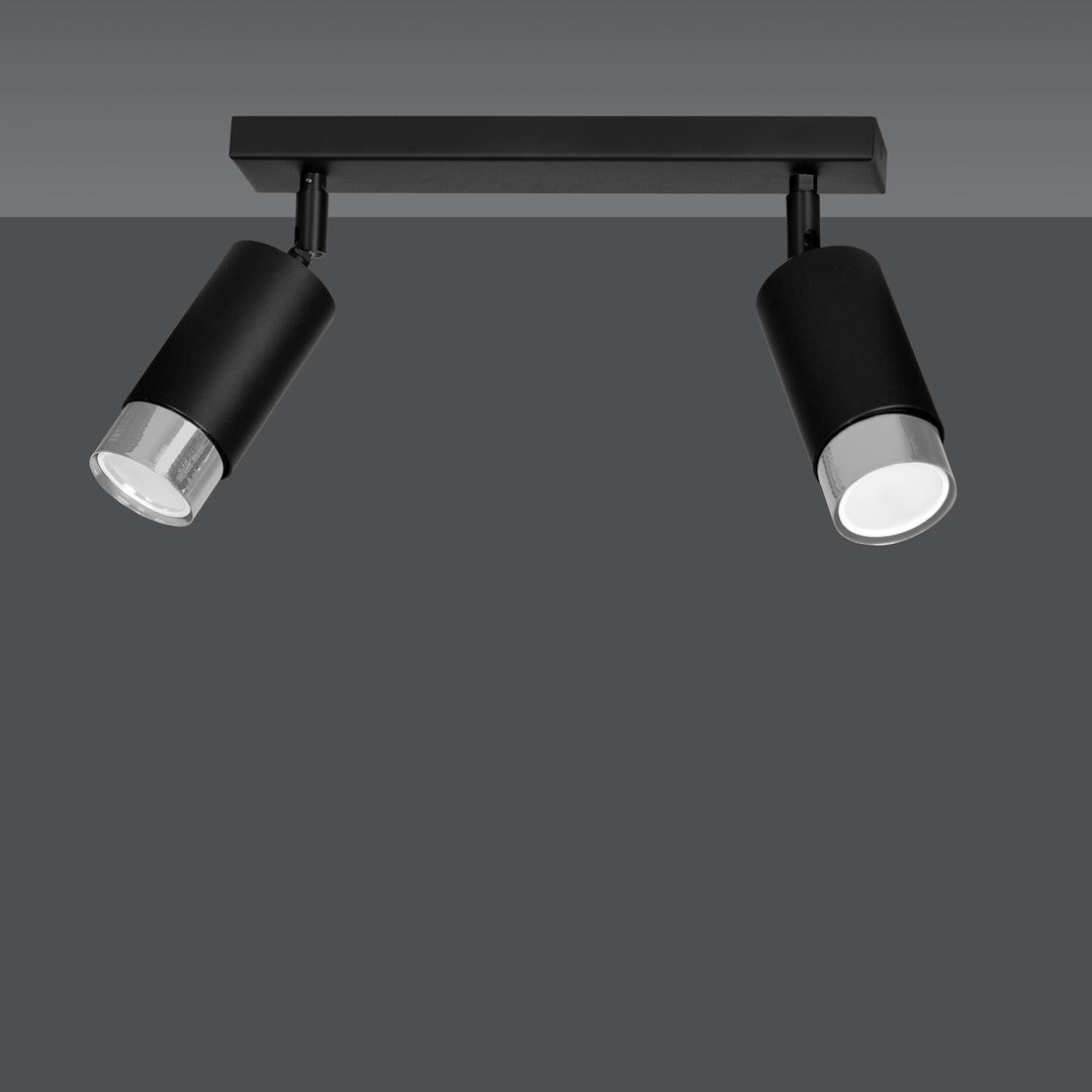HIRO 2-BL CHROME – Strakke zwarte dubbele spotlight met chroomaccent en E14 fitting