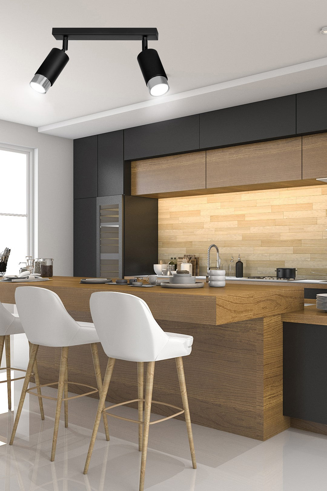 HIRO 2-BL CHROME – Strakke zwarte dubbele spotlight met chroomaccent en E14 fitting