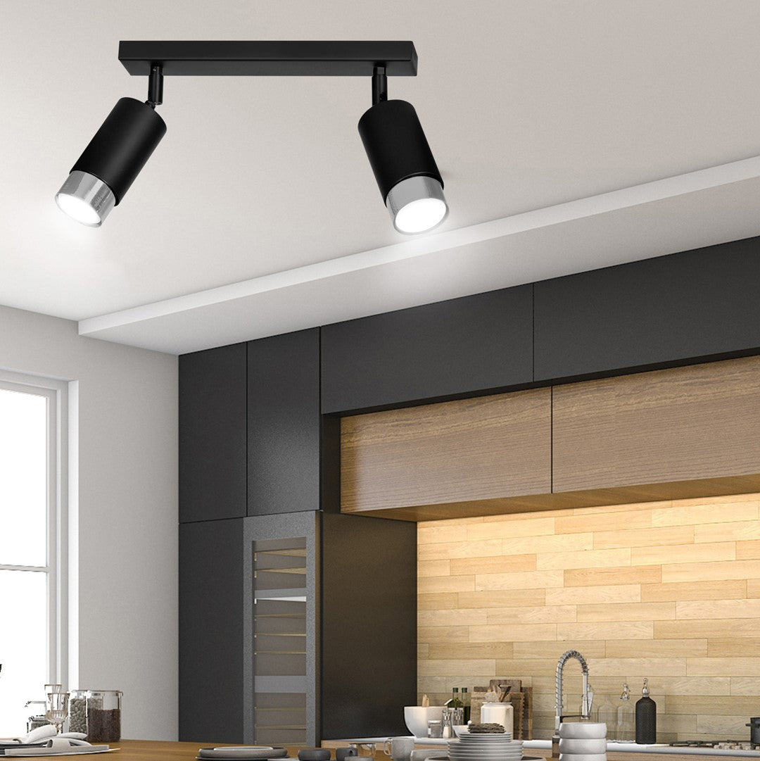 HIRO 2-BL CHROME – Strakke zwarte dubbele spotlight met chroomaccent en E14 fitting