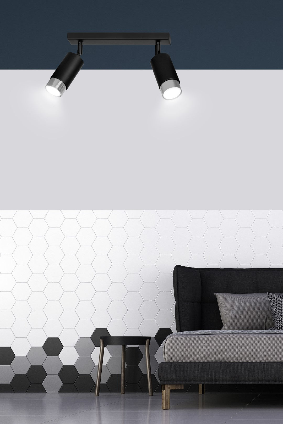HIRO 2-BL CHROME – Strakke zwarte dubbele spotlight met chroomaccent en E14 fitting