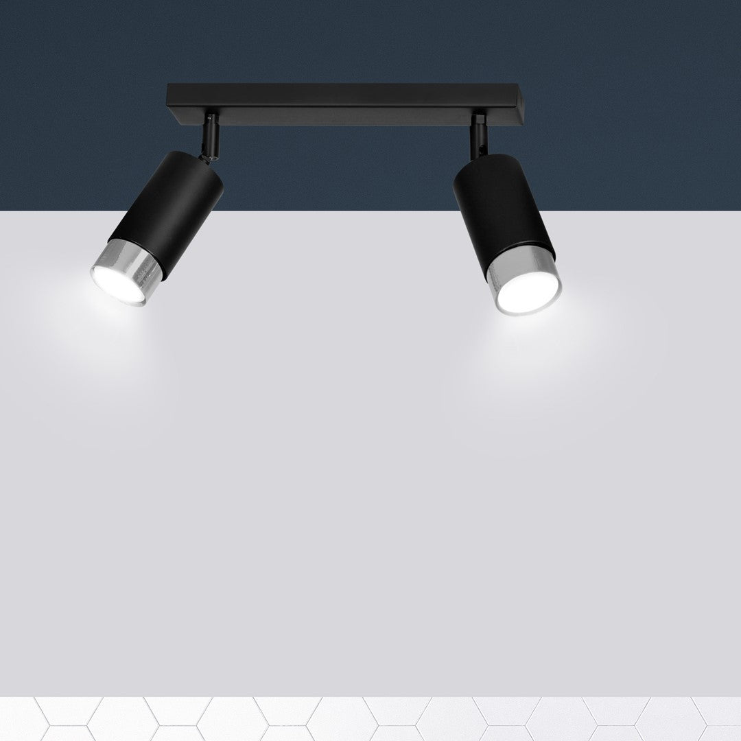 HIRO 2-BL CHROME – Strakke zwarte dubbele spotlight met chroomaccent en E14 fitting