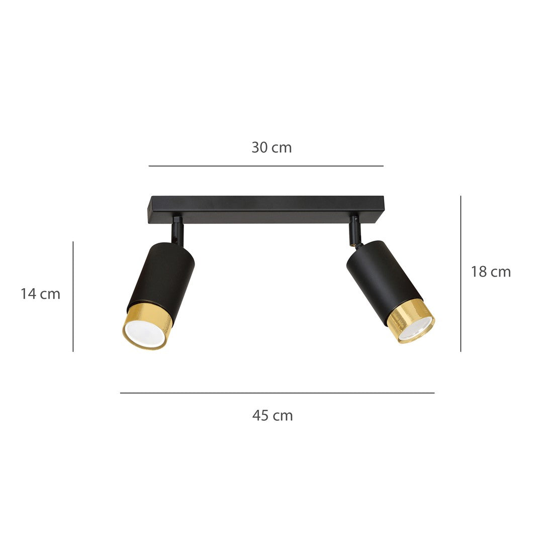 HIRO 2-BL GOLD – Elegante zwarte dubbele spotlight met gouden accenten voor gerichte verlichting